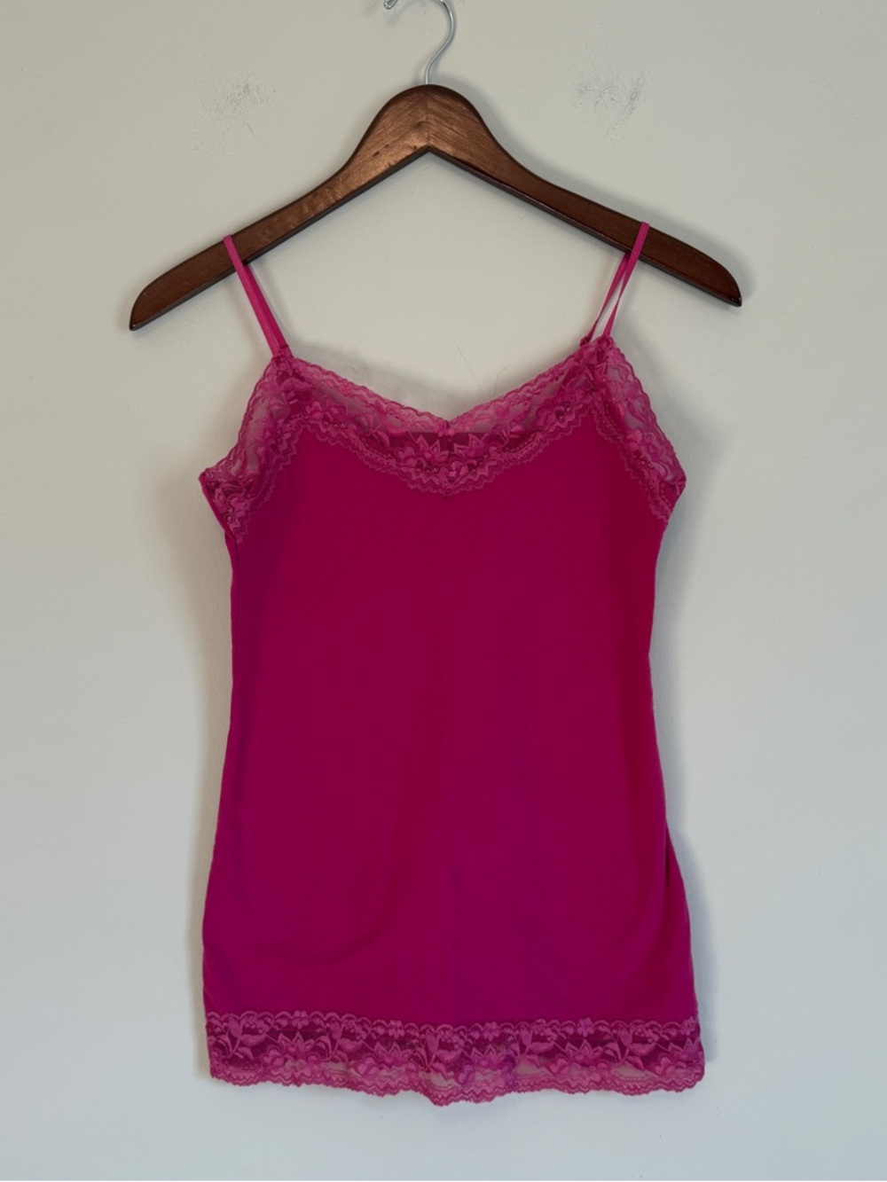 VTG Y2K Charlotte Russe Lace Trim Cami M Tank Top Pink Coquette Babydoll Stretch